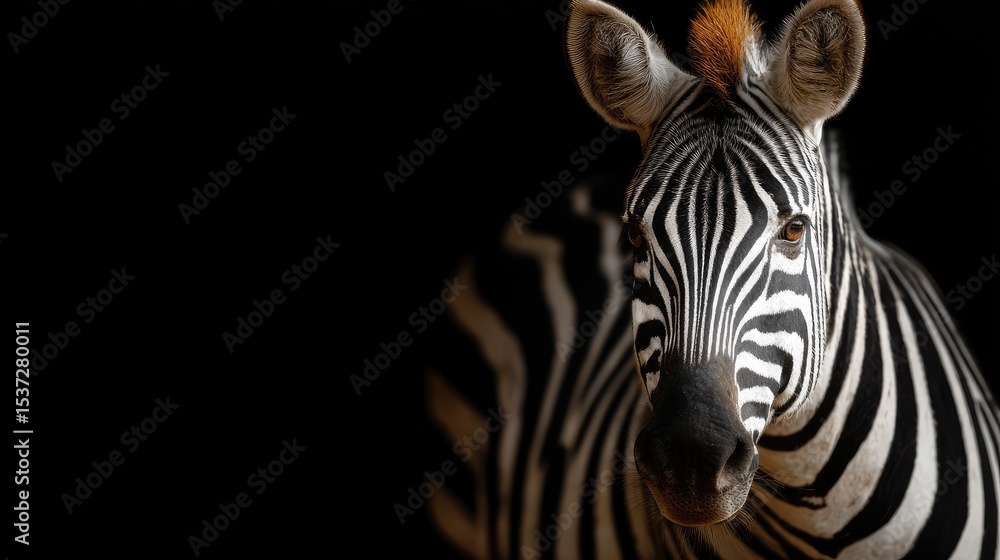 Naklejka premium Zebra showcases its unique black and white stripes complemented by an orange mane, set against a dramatic dark background