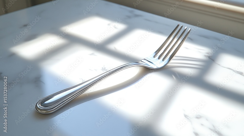 A silver fork lies on a marble surface, illuminated by sunlight filtering through a window A silver fork lies on a marble surface, illuminated by sunlight filtering through a window