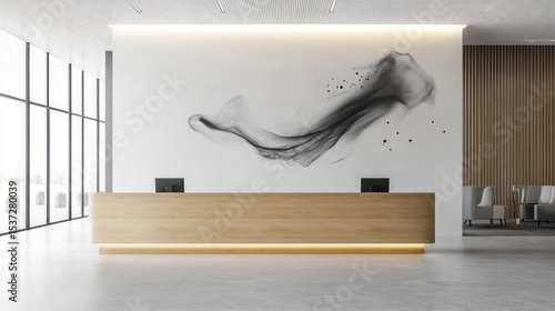 Modern reception area featuring a light wood desk and abstract wall art
