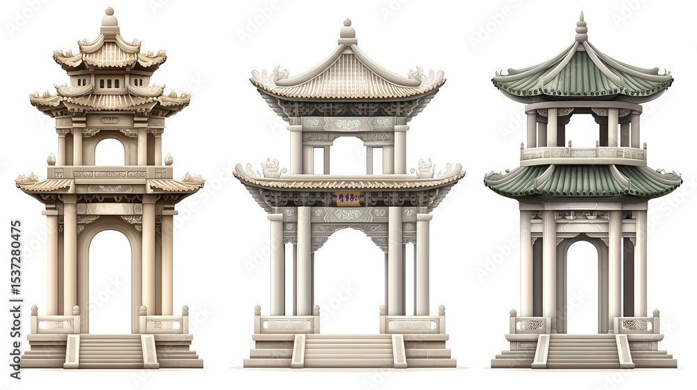Obraz premium Three detailed oriental architectural structures.