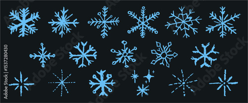 Christmas snowflake set with wax blue crayon or charcoal texture. Quirky chalkboard style, perfect for kindergarten Xmas crafts, cards and holiday designs. Vector illustration drawn as if by a child