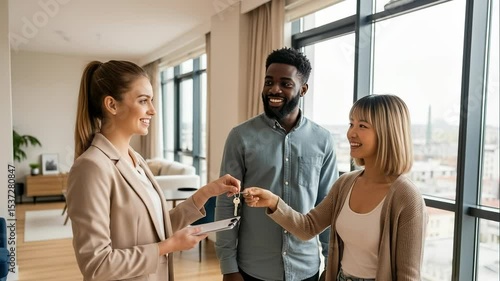 Smiling real estate agent is giving keys to a happy multi ethnic couple, standing by the window of their new apartment in a modern residential building
