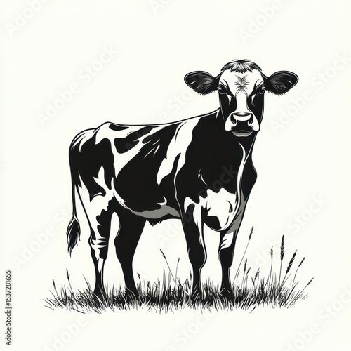 Black and white cow standing in a grassy field during a sunny afternoon in a rural landscape