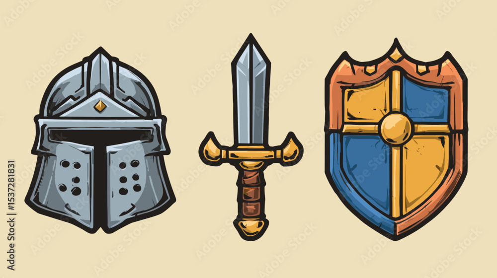 Obraz premium Medieval armor set featuring a helmet, sword, and shield designed for historical reenactments or decorative purposes