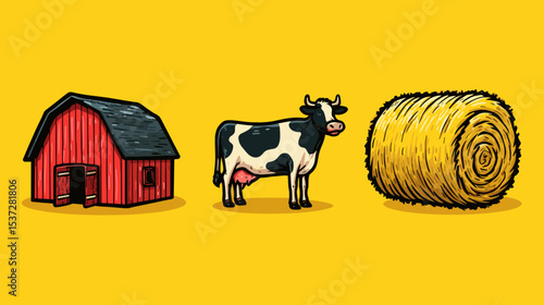 Bright barn scene with cow and haystack showcasing farm life