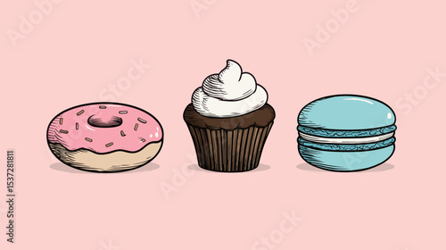 Colorful desserts display featuring a donut, cupcake, and macaroon against a pink background
