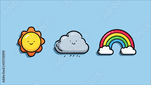 Cheerful cartoon weather icons depicting a sunny day, overcast clouds, and a rainbow against a light blue background