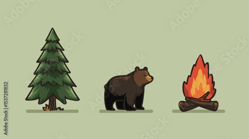 Forest setting with a bear, a tree, and a campfire at dusk in a serene landscape