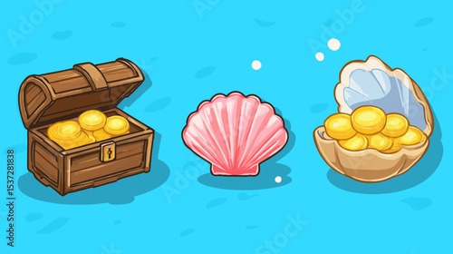 Treasure chests, seashell, and pearls illustrate abundance and nature's treasures under the ocean's surface