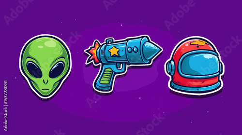 Colorful alien cartoon illustrations showcasing an alien head, a ray gun, and a space helmet on a vibrant purple background
