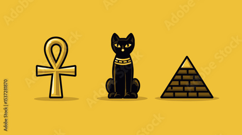 Egyptian symbols representing culture, history, and mythology on a vibrant yellow background