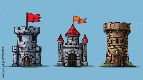 Various styles of medieval castles with bright flags displayed against a blue backdrop