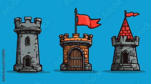Colorful castle towers with flags against a bright blue background create a whimsical scene suitable for storytelling or gaming