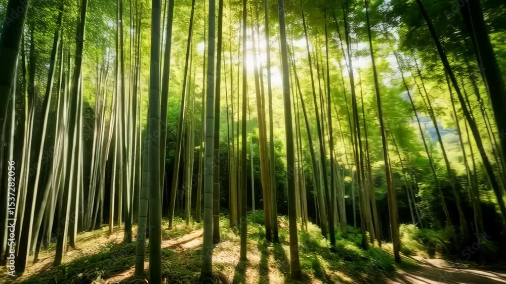 Lush green bamboo forest with dappled sunlight shining through the tall stalks along a natural path, creating a serene environment Lush green bamboo forest with dappled sunlight shining through the tall stalks along a natural path, creating a serene environment