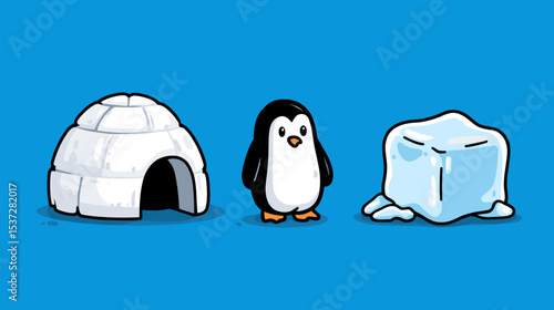 Penguin stands next to an igloo and a block of ice on a bright blue background in a playful cartoon style