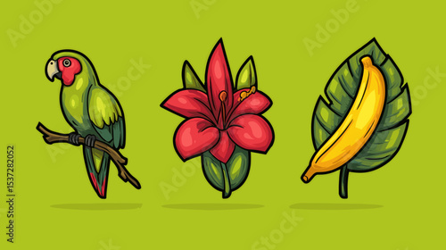 Colorful parrot, vibrant flower, and ripe banana on a bright green background featuring tropical elements