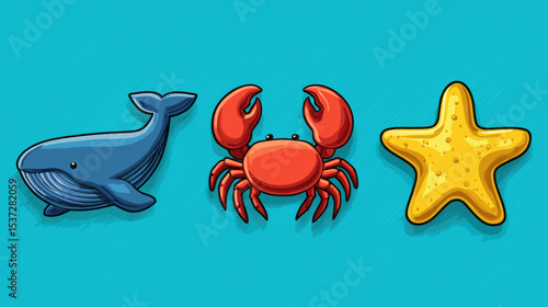 Colorful marine animals including a whale, crab, and starfish on a bright blue background are featured in this vibrant illustration