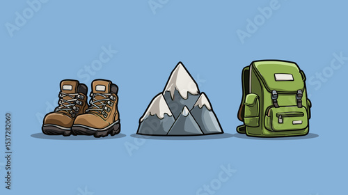 Hiking gear featuring sturdy boots, a mountain, and a backpack against a blue backdrop for outdoor adventure preparation