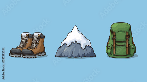Mountain hiking gear, including boots and backpack, ready for an outdoor adventure in nature