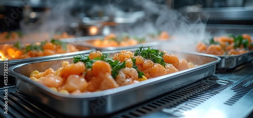 Food trays filled with cooked seafood and herbs, steaming in a commercial kitchen