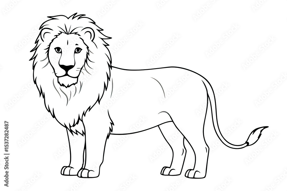 Obraz premium Black and white outline drawing of a majestic lion with a thick mane, standing in profile on a white background. Coloring for children