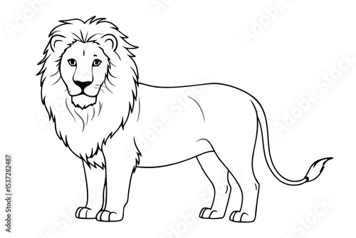 Black and white outline drawing of a majestic lion with a thick mane, standing in profile on a white background. Coloring for children