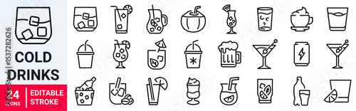 Cold drinks web line icons. Sparkling water, iced coffee. Vector illustration. editable stroke