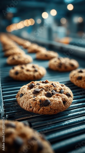 Freshly baked chocolate chip cookies cooling on a conveyor belt in a busy bakery environment
