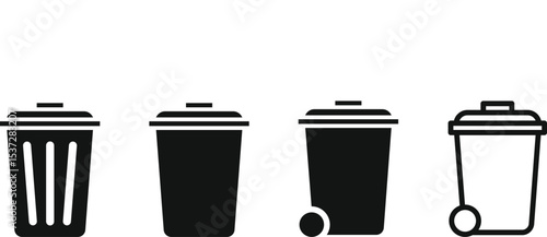 Solid style icons of waste management: trash bin, compost bin, recycling bin, bin with lid, waste bag, garbage schedule, sort waste icon
