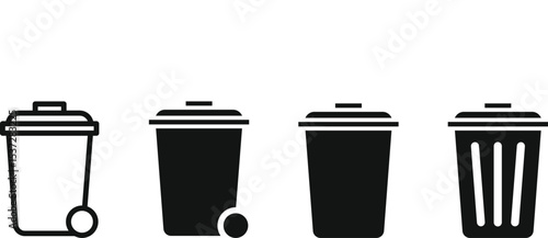 Solid style icons of waste management: trash bin, compost bin, recycling bin, bin with lid, waste bag, garbage schedule, sort waste icon