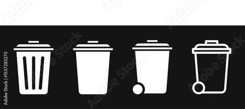Solid style icons of waste management: trash bin, compost bin, recycling bin, bin with lid, waste bag, garbage schedule, sort waste icon
