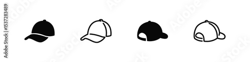 Hat icons in front and back view in flat and outline styles. Headwear symbol collection for fashion and casual themes
