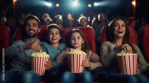 Joyful Family Experience at the Cinema Together, Enjoying a Movie Show