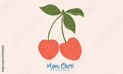 Sweet cherry artwork. Cherry fruit print. Cherry love. Organic food artwork for for t-shirt. Fruit vintage t-shirt design. Start fresh day.