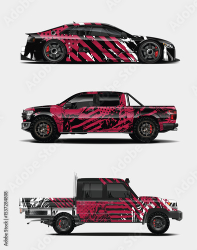 Three Vehicle Wraps with Abstract Red Black and White Design