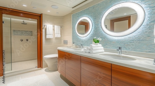 Elegant oval bathroom mirror over a minimalist wooden vanity with soft lighting and a clean backsplash