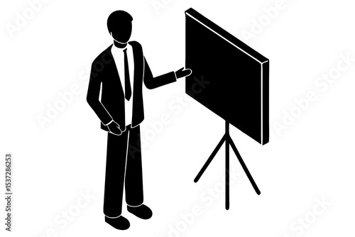 3D Isometric Businessperson Presenting at Flipchart – Professional Presentation Scene