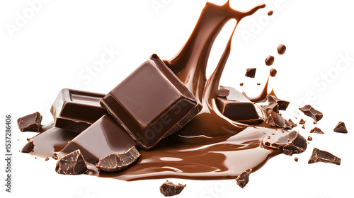 Delicious chocolate splash with pieces of dark chocolate isolated on white background