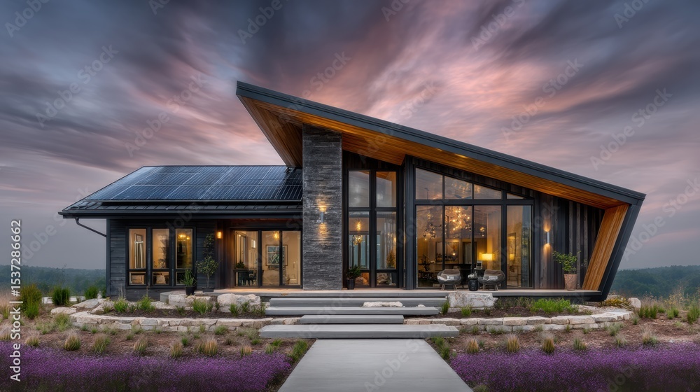 Fototapeta premium Sleek contemporary house with solar panels and modern design