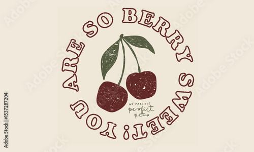 Sweet cherry artwork. Cherry fruit print. Cherry love. Organic food artwork for for t-shirt.
