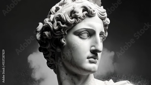 Elegant white marble sculpture of a man with curly hair against a soft grey background with subtle smoky texture