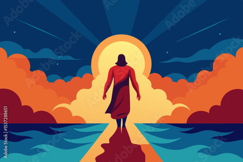 
Cartoon illustration of a woman in a bikini on a summer beach, with the silhouette of a mermaid against a sunset sky