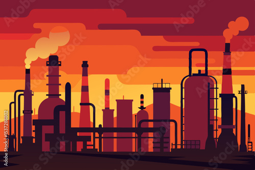 Urban factory and oil refinery silhouettes against a sunset sky, with industrial smoke rising from chimneys, illustrating city pollution and power
