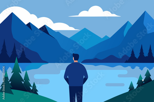 Businessman stands on a snowy mountain peak overlooking a vast landscape with lakes, glaciers, and a cloudy sky