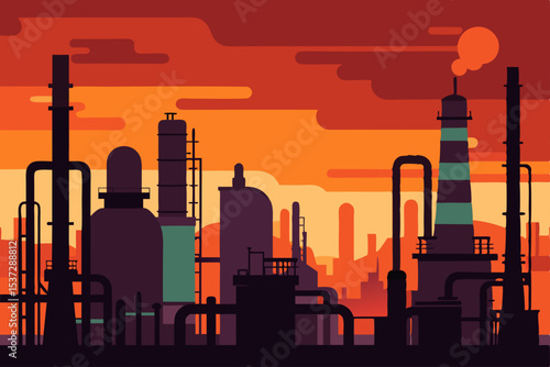 Sunset illuminates the towering silhouettes of an oil refinery plant, its industrial chimneys piercing the twilight sky with faint trails of smoke, embodying urban energy and industrial power
