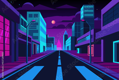 Urban skyline at night with car light trails on a busy city street, showcasing modern architecture and the vibrant energy of downtown