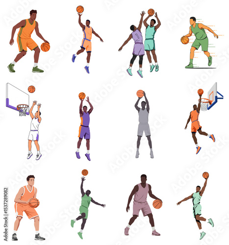 Basketball players in various poses and actions on court  