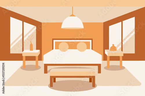Bedroom interior with bed, furniture, and window, showcasing a luxurious design within a modern home