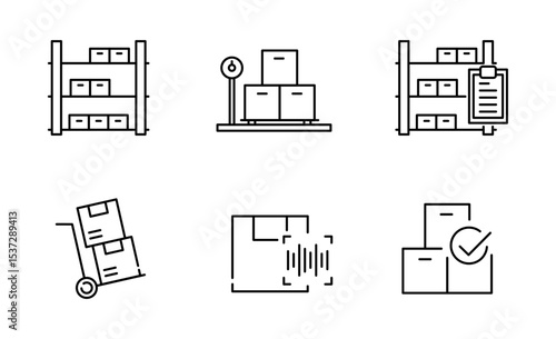 Set of Warehouse Inventory icon, Storage logistics and delivery Symbol Outline icon, Editable Stroke