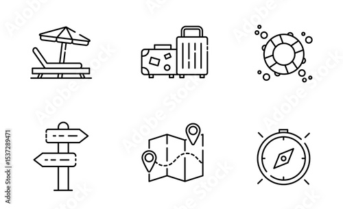 Set of Travel icon, Summer, luggage, map, compass, hiking, Weekend Symbol Outline icon, Editable Stroke